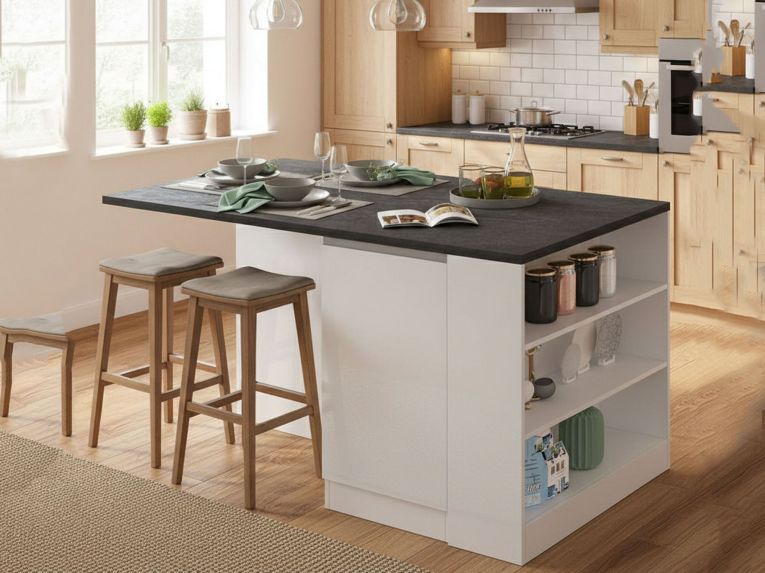 Isola cucina con piano lavoro ampio 160x90x90h cm bianca lucida e ardesia - Abern