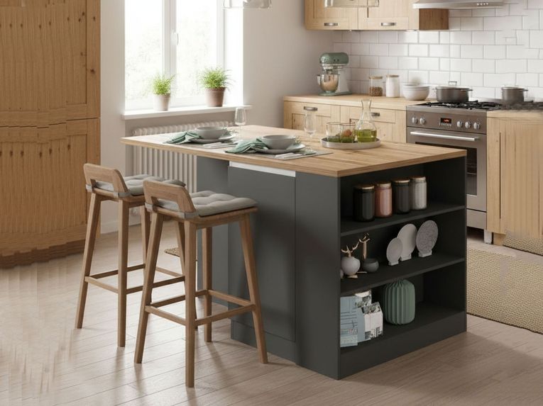 Isola cucina con vani contenitori 160x90x90h cm antracite e rovere - Abern