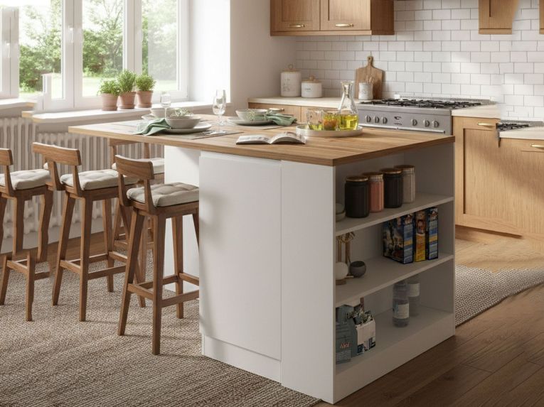 Isola cucina moderna per open space 160x90x90h cm bianca lucida e rovere - Abern