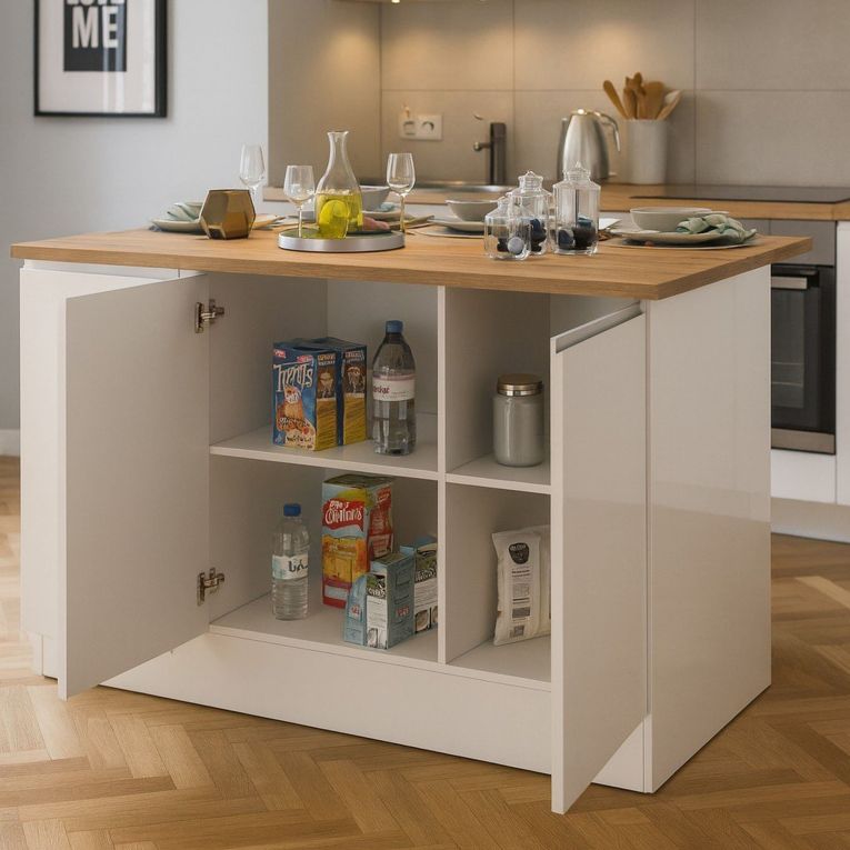 Isola cucina salvaspazio con ripiani 155x90x90h cm bianca lucida e rovere - Tartaro