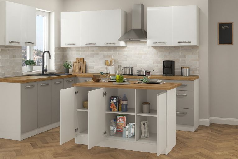 Isola cucina salvaspazio con ripiani 155x90x90h cm bianca lucida e rovere - Tartaro