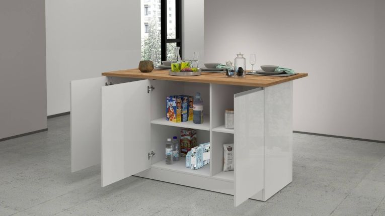 Isola cucina salvaspazio con ripiani 155x90x90h cm bianca lucida e rovere - Tartaro