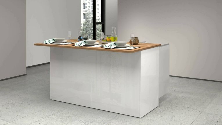 Isola cucina salvaspazio con ripiani 155x90x90h cm bianca lucida e rovere - Tartaro