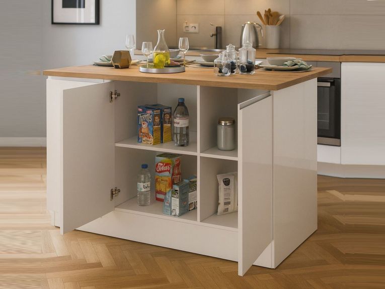 Isola cucina salvaspazio con ripiani 155x90x90h cm bianca lucida e rovere - Tartaro