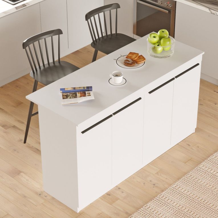 Isola da Cucina Bianco 2 Ripiani 4 Ante 160x60x90h cm, 4 Vani - Oviglio