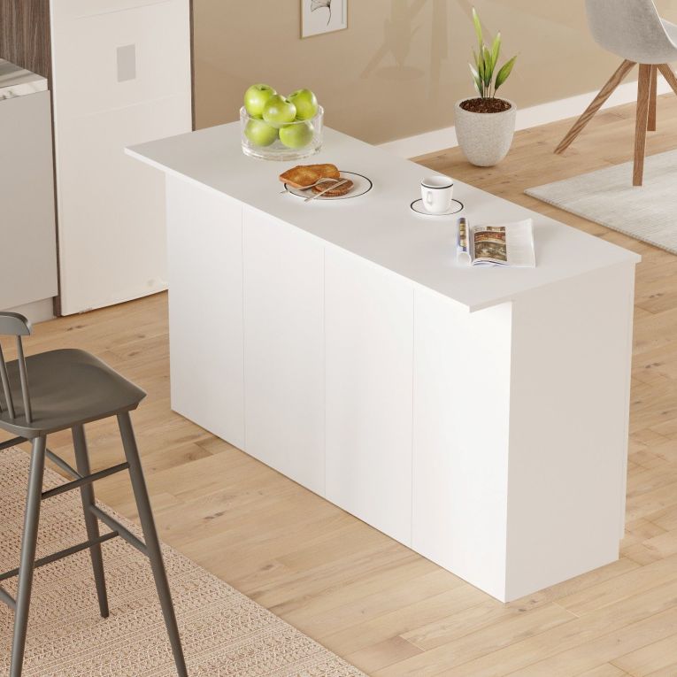 Isola da Cucina Bianco 2 Ripiani 4 Ante 160x60x90h cm, 4 Vani - Oviglio