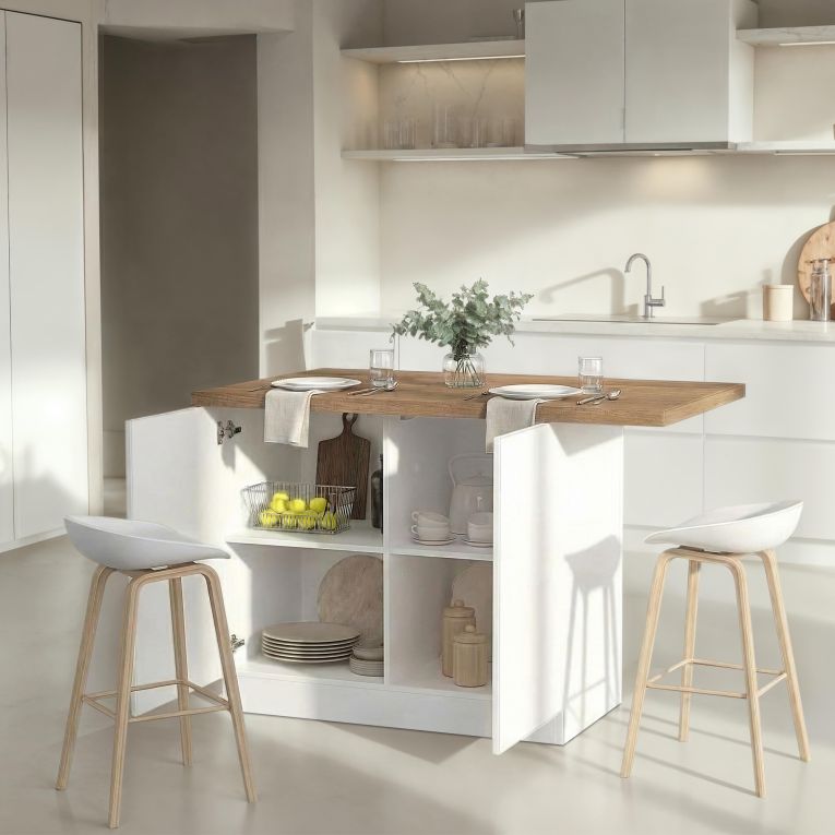 Isola da Cucina Bianco Lucido Marrone Noce 2 Ripiani 4 Vani 130x80x90h cm, 2 Ante Made in Italy - Miha