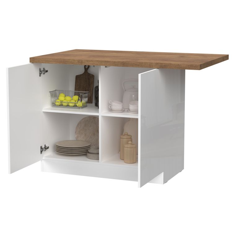 Isola da Cucina Bianco Lucido Marrone Noce 2 Ripiani 4 Vani 130x80x90h cm, 2 Ante Made in Italy - Miha