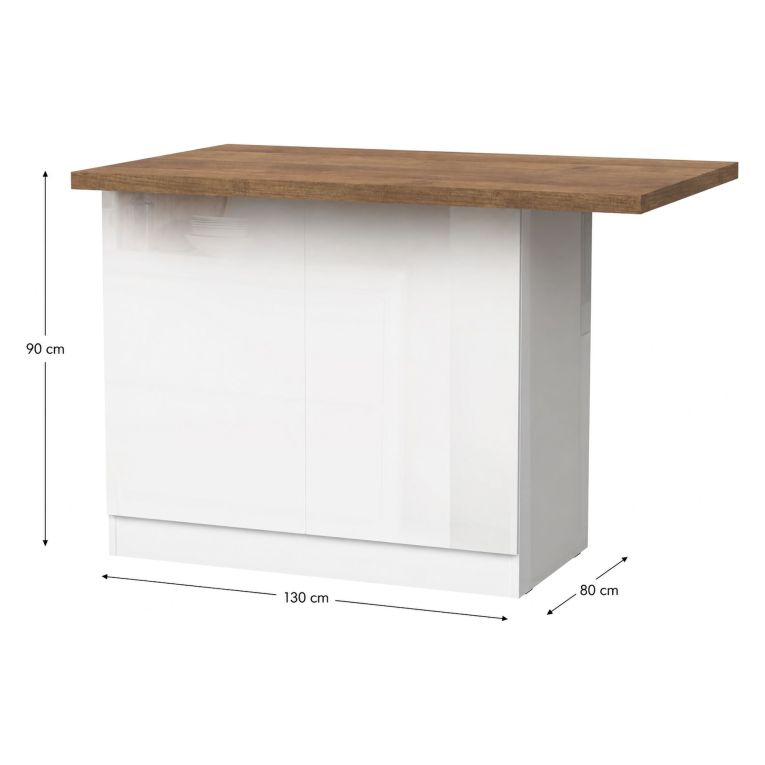 Isola da Cucina Bianco Lucido Marrone Noce 2 Ripiani 4 Vani 130x80x90h cm, 2 Ante Made in Italy - Miha
