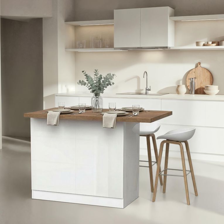 Isola da Cucina Bianco Lucido Marrone Noce 2 Ripiani 4 Vani 130x80x90h cm, 2 Ante Made in Italy - Miha