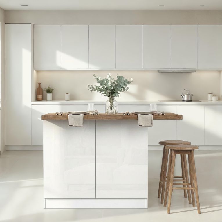 Isola da Cucina Bianco Lucido Marrone Noce 2 Ripiani 4 Vani 130x80x90h cm, 2 Ante Made in Italy - Miha