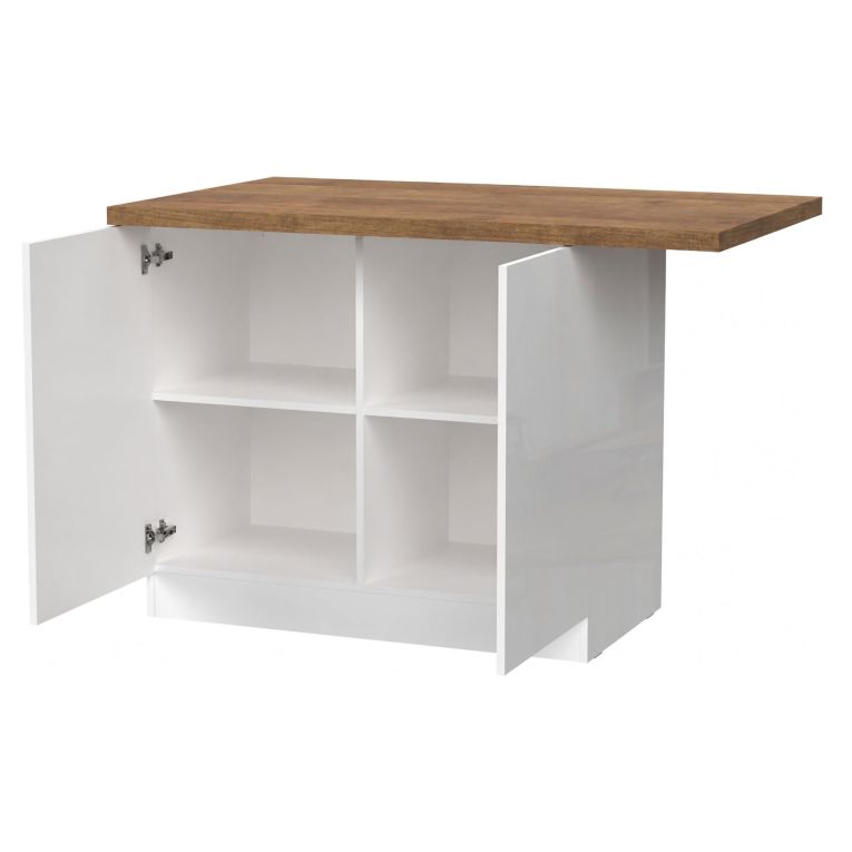Isola da Cucina Bianco Lucido Marrone Noce 2 Ripiani 4 Vani 130x80x90h cm, 2 Ante Made in Italy - Miha