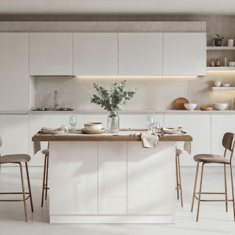 Isola da Cucina Bianco Lucido Marrone Noce 3 Ripiani 6 Vani 160x80x90h cm, 3 Ante Made in Italy - Migani