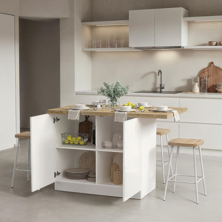 Isola da Cucina Bianco Lucido Marrone Rovere 2 Ripiani 4 Vani 130x80x90h cm, 2 Ante Made in Italy - Miha