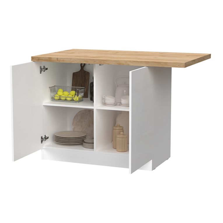Isola da Cucina Bianco Lucido Marrone Rovere 2 Ripiani 4 Vani 130x80x90h cm, 2 Ante Made in Italy - Miha