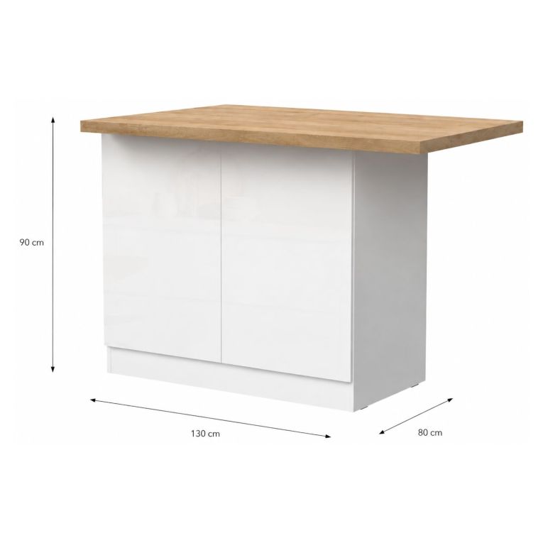 Isola da Cucina Bianco Lucido Marrone Rovere 2 Ripiani 4 Vani 130x80x90h cm, 2 Ante Made in Italy - Miha