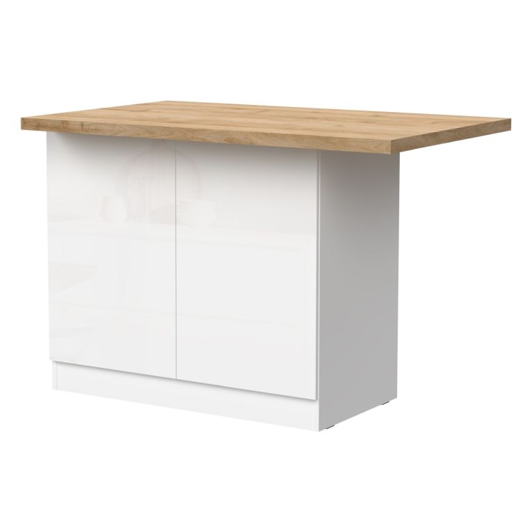 Isola da Cucina Bianco Lucido Marrone Rovere 2 Ripiani 4 Vani 130x80x90h cm, 2 Ante Made in Italy - Miha