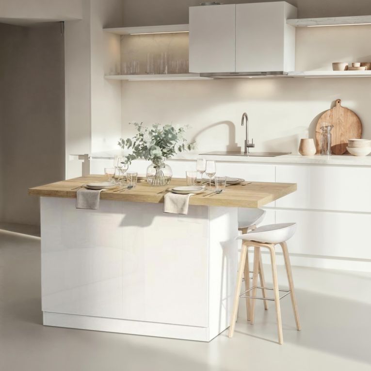 Isola da Cucina Bianco Lucido Marrone Rovere 2 Ripiani 4 Vani 130x80x90h cm, 2 Ante Made in Italy - Miha