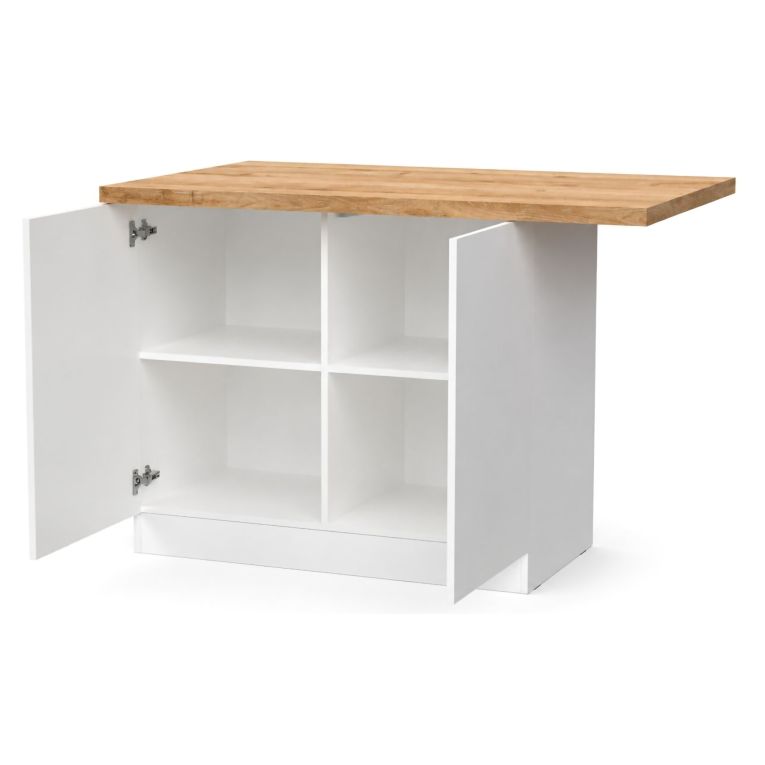 Isola da Cucina Bianco Lucido Marrone Rovere 2 Ripiani 4 Vani 130x80x90h cm, 2 Ante Made in Italy - Miha