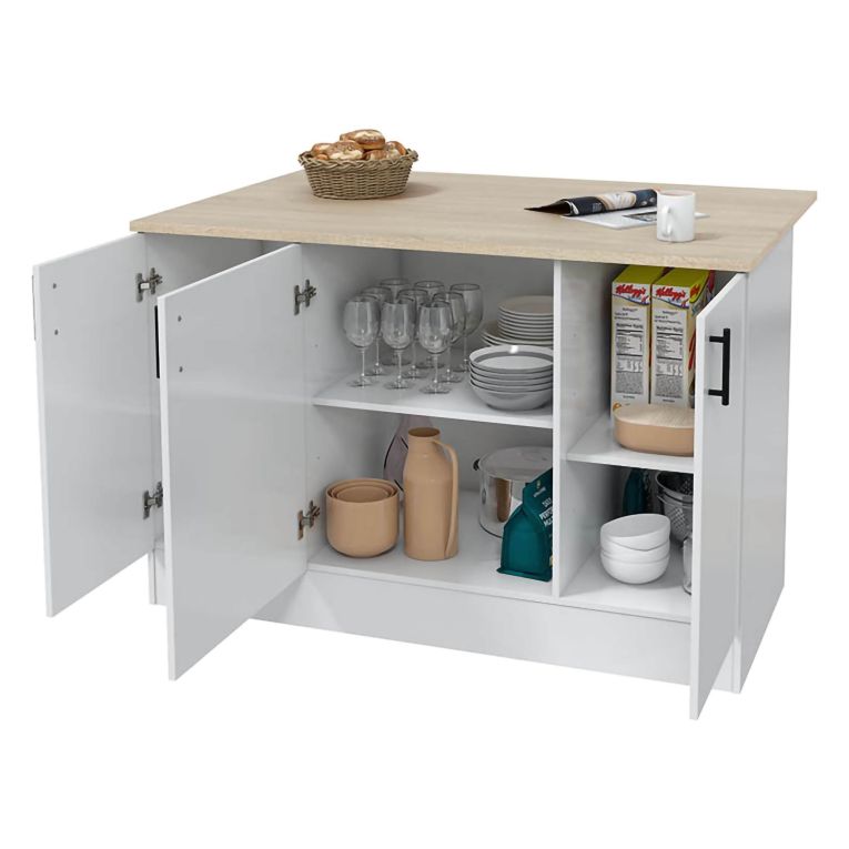 Isola da Cucina Bianco Lucido Marrone Rovere 3 Ripiani 6 Vani 138x94x90h cm, Apertura Battente - Siha