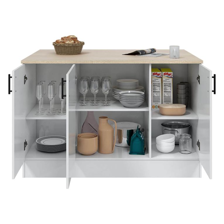 Isola da Cucina Bianco Lucido Marrone Rovere 3 Ripiani 6 Vani 138x94x90h cm, Apertura Battente - Siha