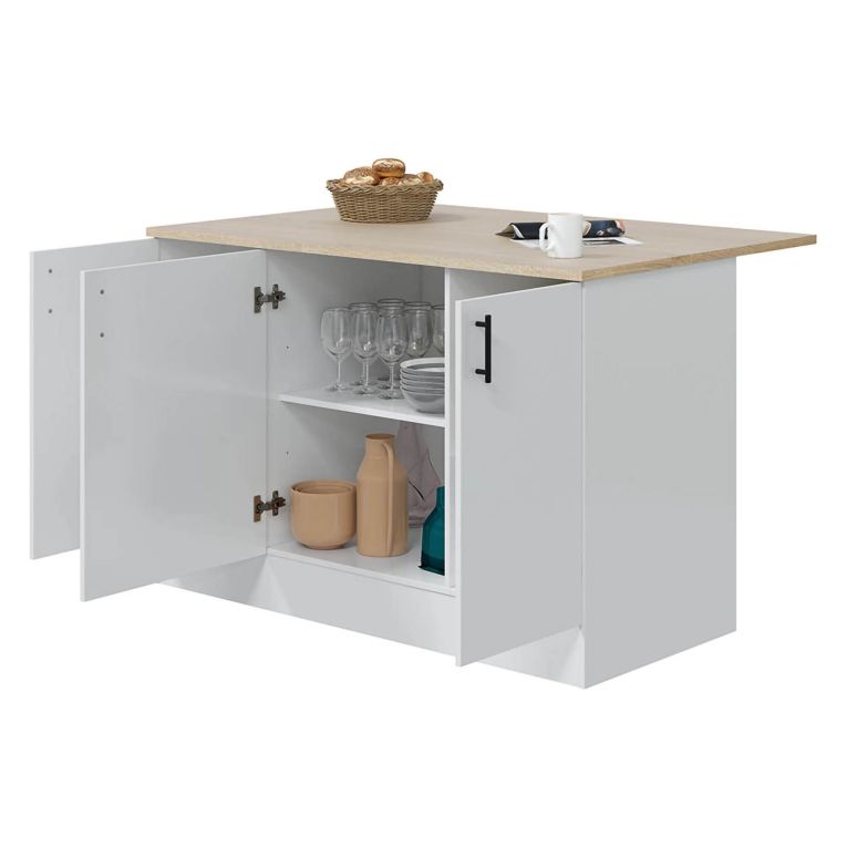 Isola da Cucina Bianco Lucido Marrone Rovere 3 Ripiani 6 Vani 138x94x90h cm, Apertura Battente - Siha