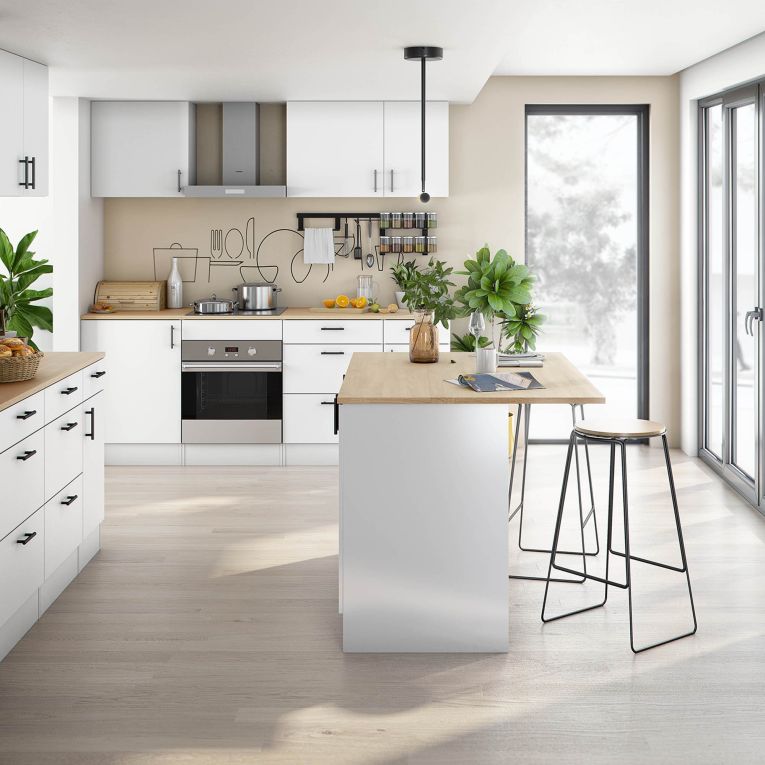 Isola da Cucina Bianco Lucido Marrone Rovere 3 Ripiani 6 Vani 138x94x90h cm, Apertura Battente - Siha