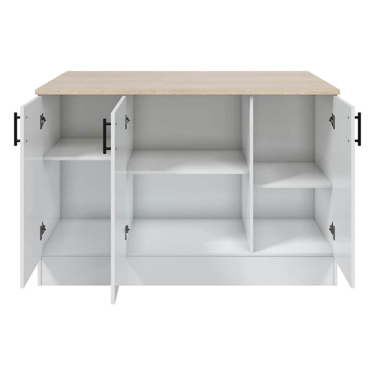 Isola da Cucina Bianco Lucido Marrone Rovere 3 Ripiani 6 Vani 138x94x90h cm, Apertura Battente - Siha