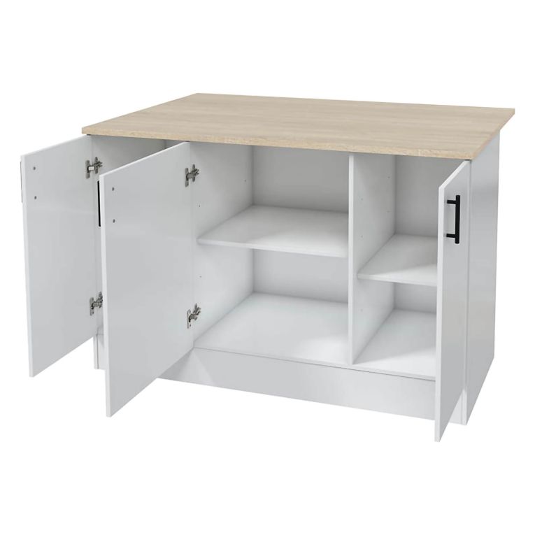 Isola da Cucina Bianco Lucido Marrone Rovere 3 Ripiani 6 Vani 138x94x90h cm, Apertura Battente - Siha
