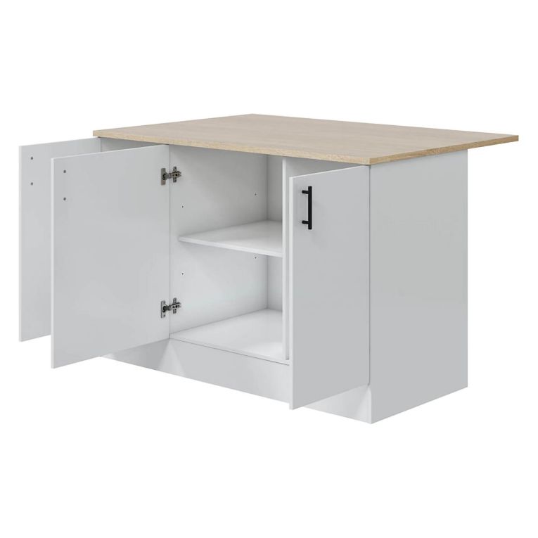 Isola da Cucina Bianco Lucido Marrone Rovere 3 Ripiani 6 Vani 138x94x90h cm, Apertura Battente - Siha