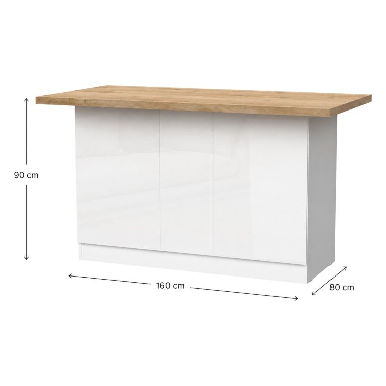 Isola da Cucina Bianco Lucido Marrone Rovere 3 Ripiani 6 Vani 160x80x90h cm, 3 Ante Made in Italy - Migani