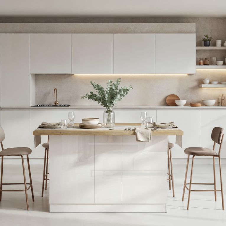Isola da Cucina Bianco Lucido Marrone Rovere 3 Ripiani 6 Vani 160x80x90h cm, 3 Ante Made in Italy - Migani