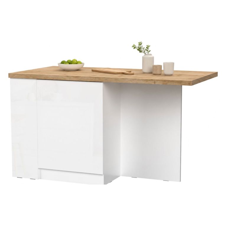 Isola da Cucina Bianco Lucido Marrone Rovere un Ripiano 2 Vani 160x80x90h cm, Un'anta Made in Italy - Migabato