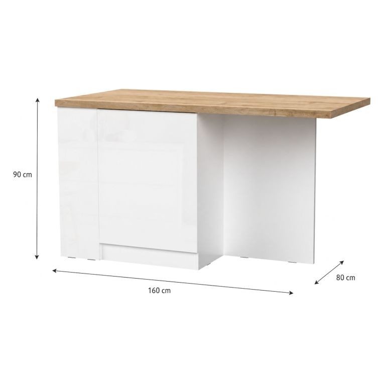 Isola da Cucina Bianco Lucido Marrone Rovere un Ripiano 2 Vani 160x80x90h cm, Un'anta Made in Italy - Migabato