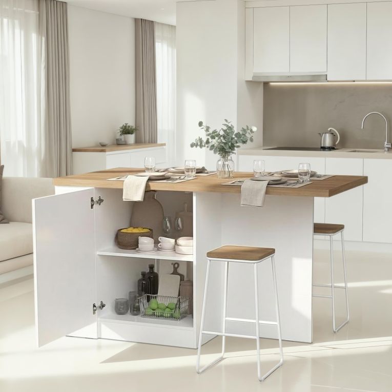 Isola da Cucina Bianco Lucido Marrone Rovere un Ripiano 2 Vani 160x80x90h cm, Un'anta Made in Italy - Migabato