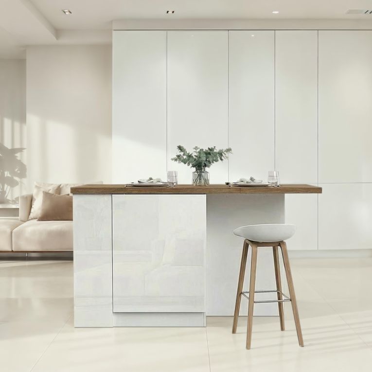 Isola da Cucina Bianco Lucido Marrone Rovere un Ripiano 2 Vani 160x80x90h cm, Un'anta Made in Italy - Migabato