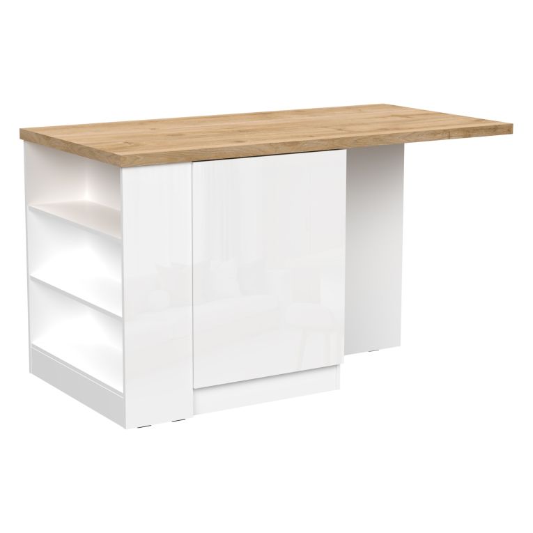 Isola da Cucina Bianco Lucido Marrone Rovere un Ripiano 2 Vani 160x80x90h cm, Un'anta Made in Italy - Migabato