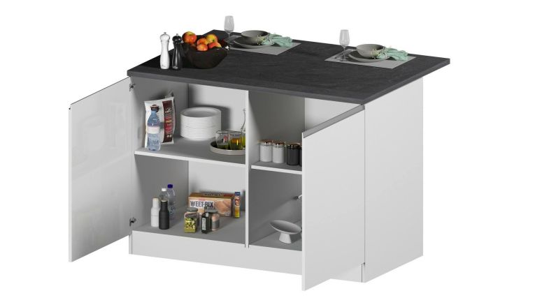 Isola da cucina Emmanuel, Mobile da cucina a 2 ante, Tavolo ausiliario portaoggetti, 100% Made in Italy, 125x90h90 cm, Bianco lucido e Ardesia