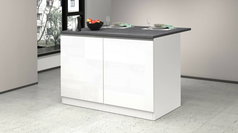 Isola da cucina Emmanuel, Mobile da cucina a 2 ante, Tavolo ausiliario portaoggetti, 100% Made in Italy, 125x90h90 cm, Bianco lucido e Ardesia