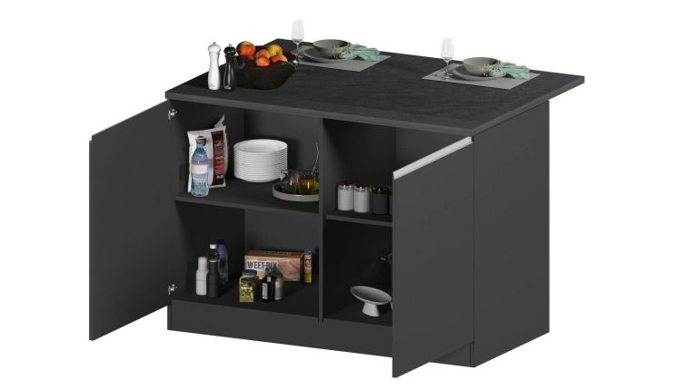 Isola da cucina Emmanuel, Tavolo ausiliario portaoggetti, Mobile da cucina a 2 ante, 100% Made in Italy, 125x90h90 cm, Antracite e Ardesia