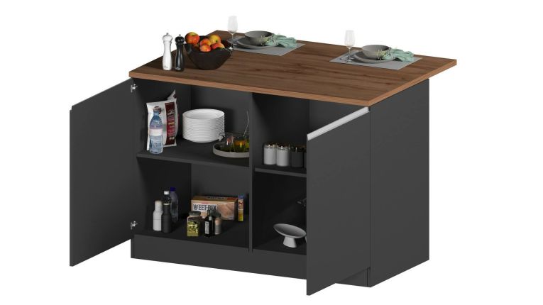Isola da cucina Emmanuel, Tavolo ausiliario portaoggetti, Mobile da cucina a 2 ante, 100% Made in Italy, 125x90h90 cm, Antracite e Rovere
