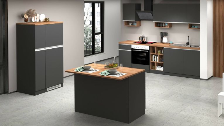 Isola da cucina Emmanuel, Tavolo ausiliario portaoggetti, Mobile da cucina a 2 ante, 100% Made in Italy, 125x90h90 cm, Antracite e Rovere