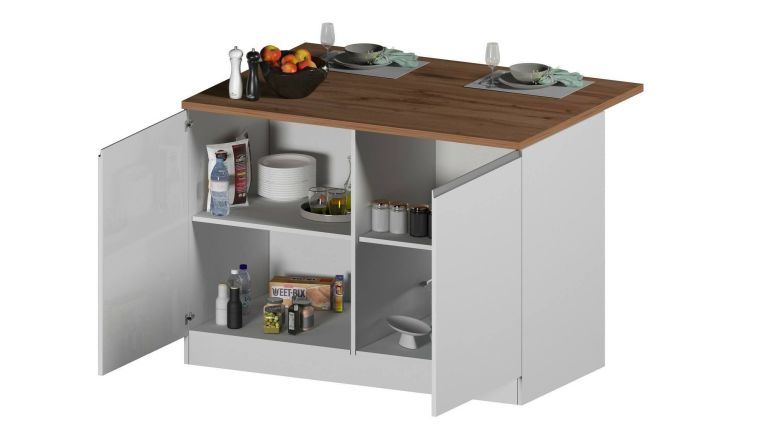 Isola da cucina Emmanuel, Tavolo ausiliario portaoggetti, Mobile da cucina a 2 ante, 100% Made in Italy, 125x90h90 cm, Bianco lucido e Rovere