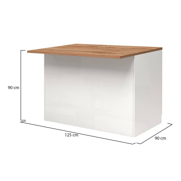 Isola da cucina Emmanuel, Tavolo ausiliario portaoggetti, Mobile da cucina a 2 ante, 100% Made in Italy, 125x90h90 cm, Bianco lucido e Rovere