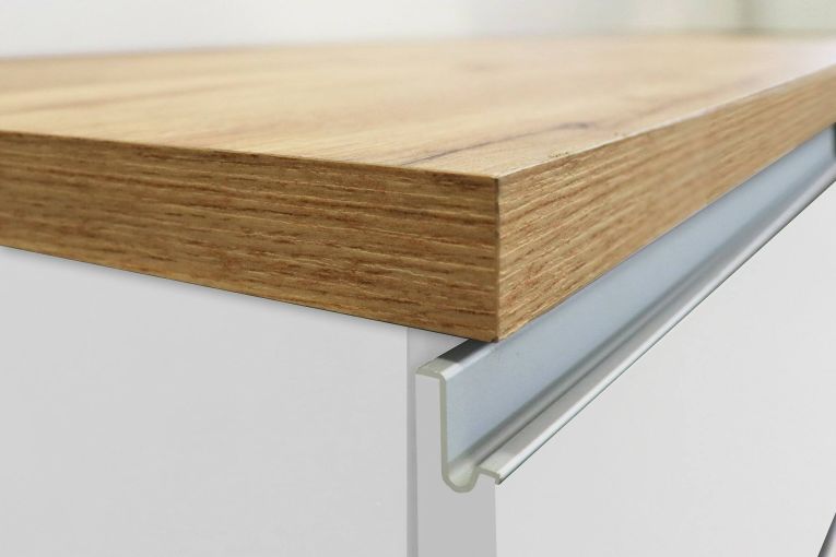 Isola da cucina Emmanuel, Tavolo ausiliario portaoggetti, Mobile da cucina a 2 ante, 100% Made in Italy, 125x90h90 cm, Bianco lucido e Rovere