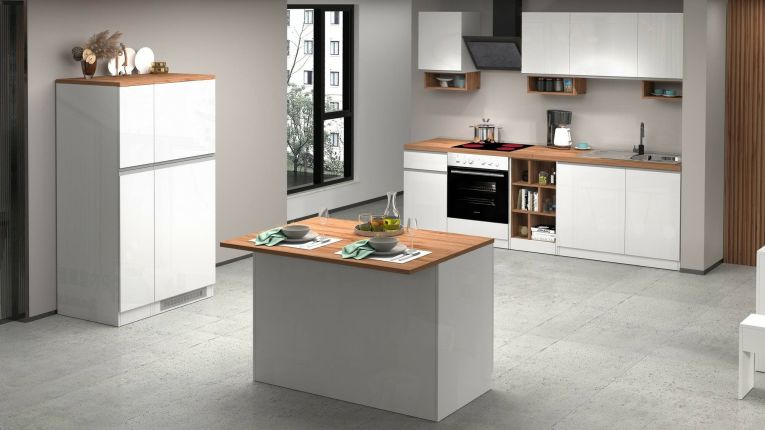 Isola da cucina Emmanuel, Tavolo ausiliario portaoggetti, Mobile da cucina a 2 ante, 100% Made in Italy, 125x90h90 cm, Bianco lucido e Rovere