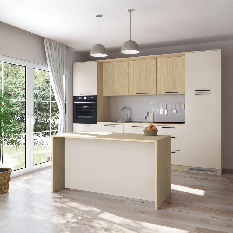 Isola da Cucina Marrone Rovere Beige Cashmere 2 Ripiani 4 Vani 170x80x90h cm, 3 Ante Made in Italy - Mapalesi