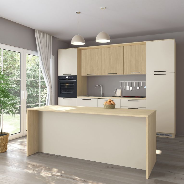 Isola da Cucina Marrone Rovere Beige Cashmere 2 Ripiani 4 Vani 225x80x90h cm, 4 Ante Made in Italy - Mapana