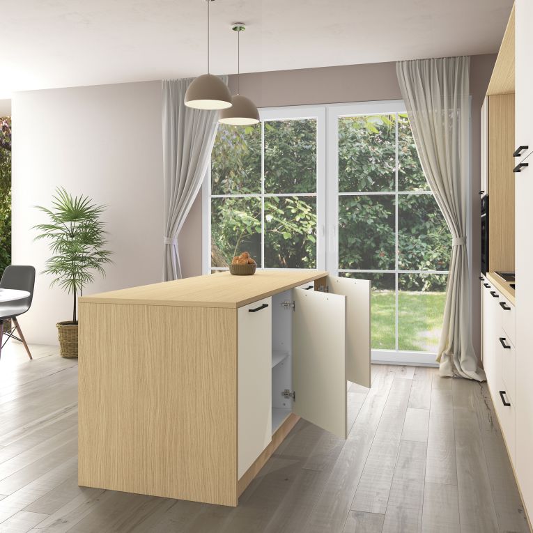 Isola da Cucina Marrone Rovere Beige Cashmere 2 Ripiani 4 Vani 225x80x90h cm, 4 Ante Made in Italy - Mapana