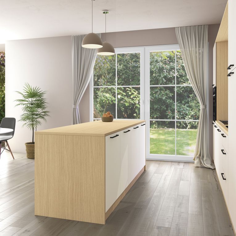 Isola da Cucina Marrone Rovere Beige Cashmere 2 Ripiani 4 Vani 225x80x90h cm, 4 Ante Made in Italy - Mapana